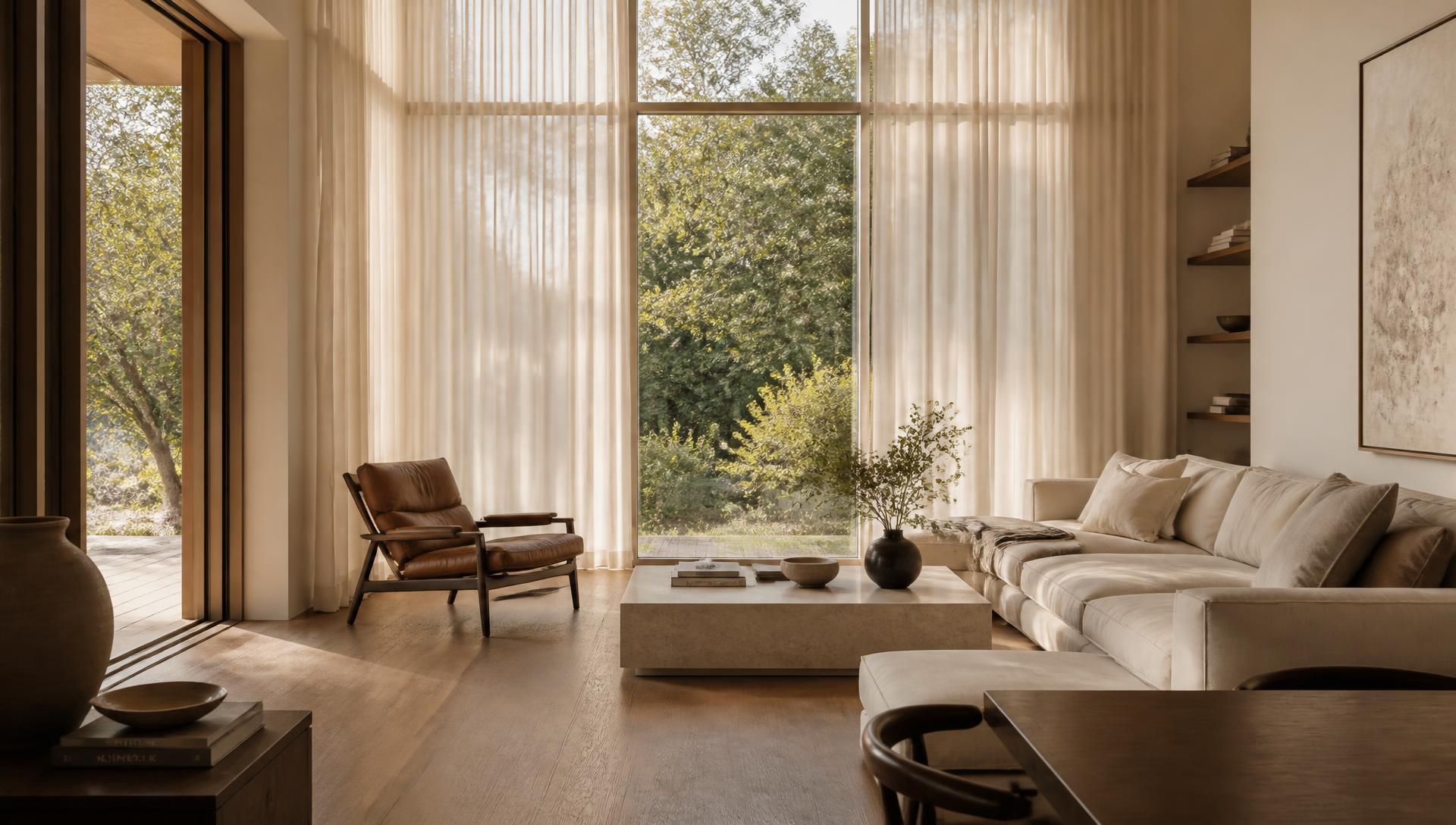 Sala de estar contemporânea com luz natural, sofá de linho e mesa de travertino