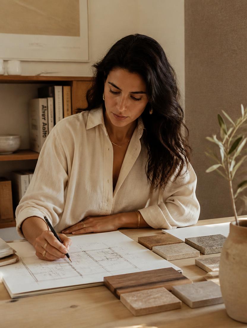 Helena desenhando uma planta sobre a mesa, ao lado de amostras de madeira e pedra